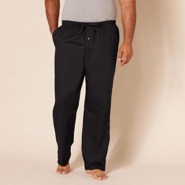 Men's Cotton Poplin Straight-Fit Pajama Pants with Pockets, Elastic Waist, Drawstring