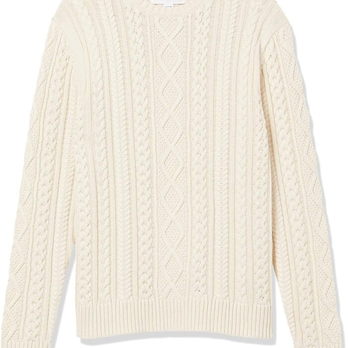 Mens Long-Sleeve 100% Cotton Fisherman Cable Crewneck Sweater