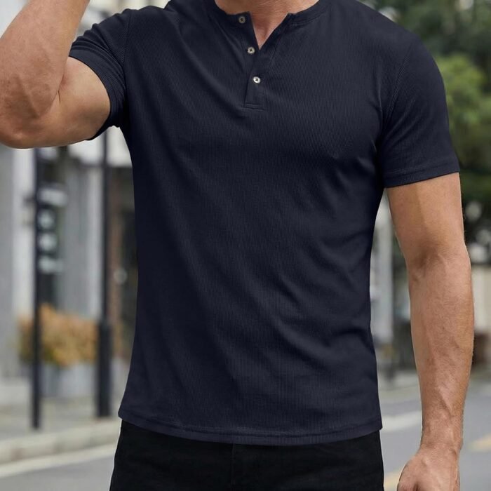 Men's Muscle Slim Henley Shirts Crewneck Longline T-Shirt Gym Workout Athletic Shirt Tees with Button