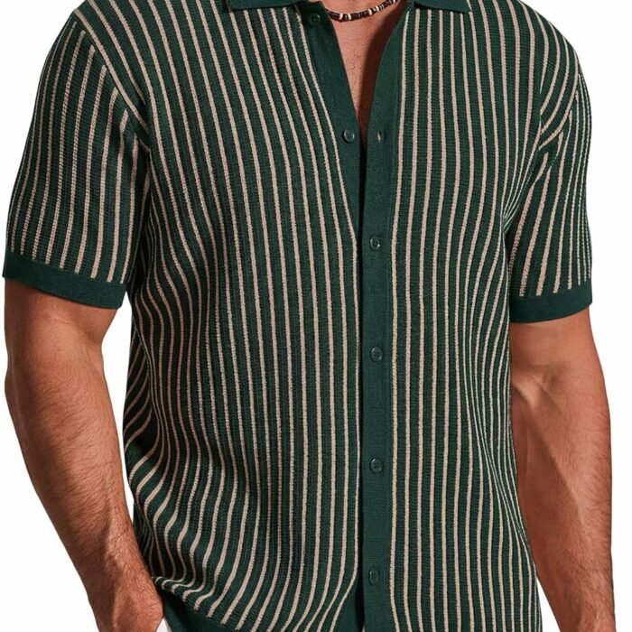 Mens Knit Button Down Shirts Short Sleeve Polo Shirt Vintage Striped Casual Shirts