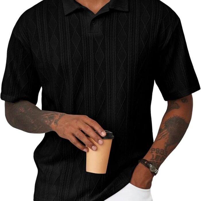 Mens Polo Shirt Textured Knit Button Casual Short Sleeve Summer Vacation Beach Stretchy Golf Shirts
