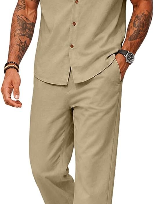 Mens 2 Piece Summer Beach Outfits, Short Sleeve Shirt Long Pants Set