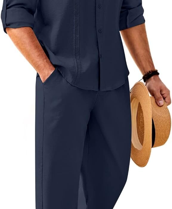 Mens 2 Piece Outfits Long Sleeve Button Down Cuban Shirt and Pants Set Summer Beach Sets