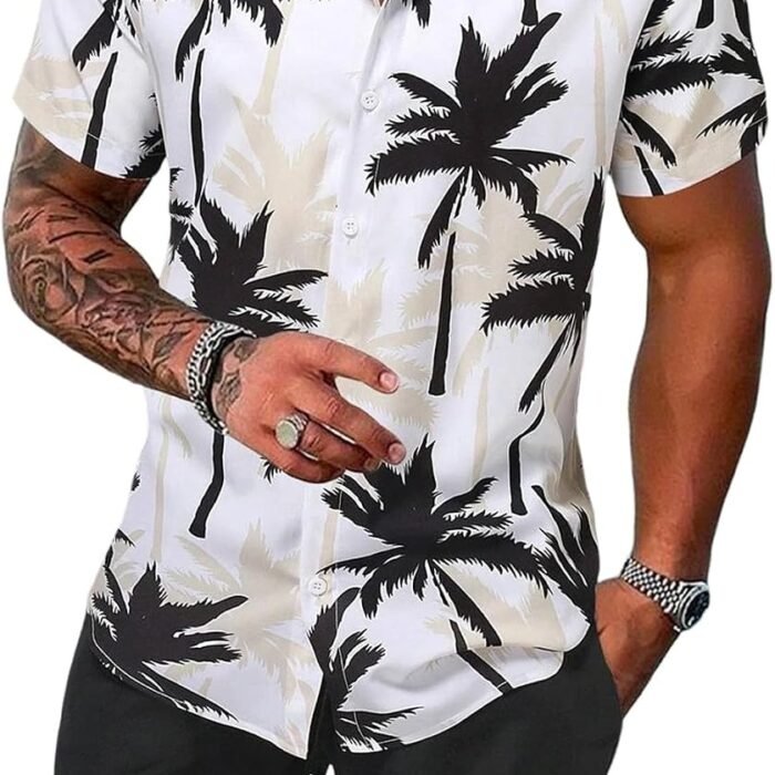 Men's Summer 2 Piece Outfits Tropical Print Short Sleeve Button Down Hawaiian Beach Shirt and Shorts Set