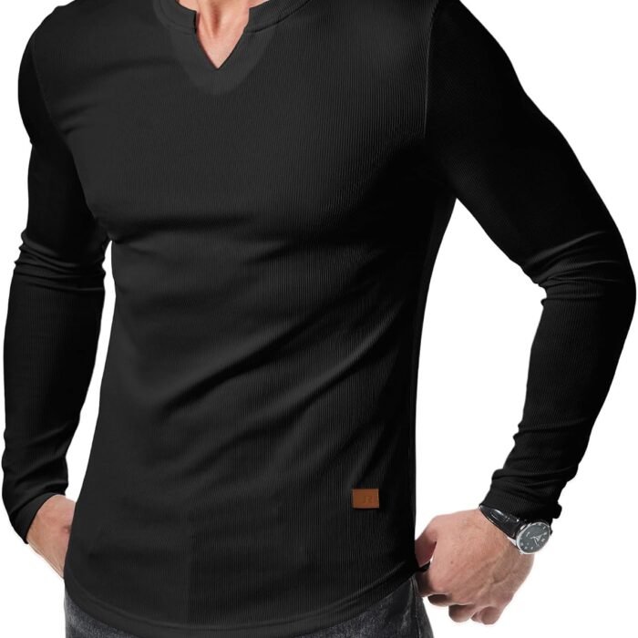Mens Long Sleeve Muscle T Shirts Casual V-Neck Gym Tee Shirts